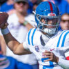 Ole Miss Rebels quarterback Jaxson Dart (2) throws the ball against the Florida Gators