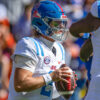 Ole Miss Rebels quarterback Jaxson Dart (2) looks to throw against the Florida Gators