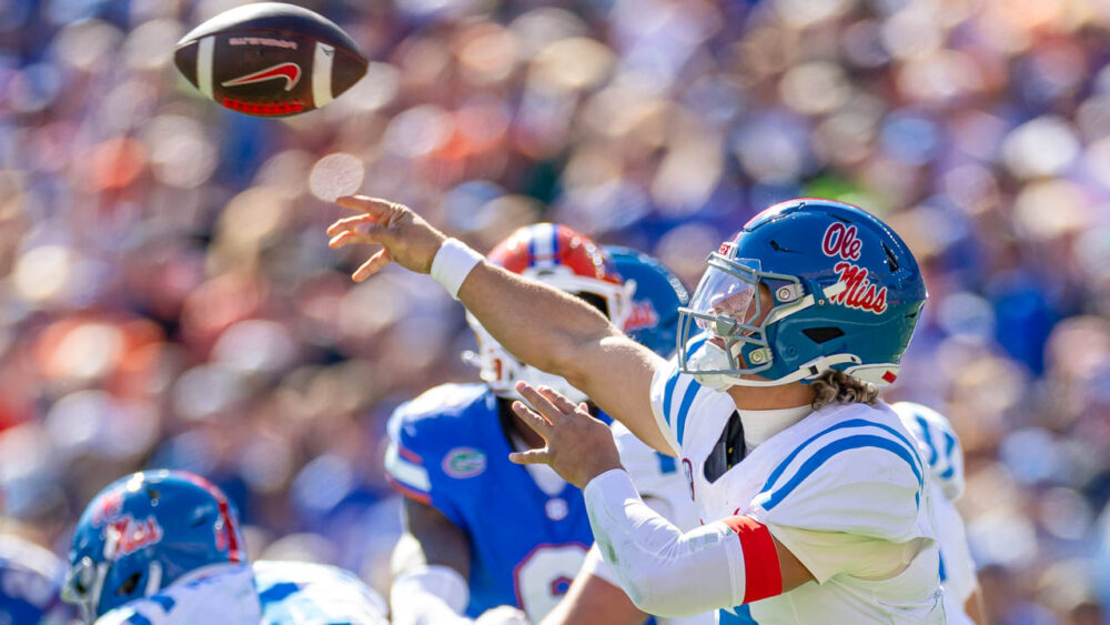 Ole Miss Rebels quarterback Jaxson Dart (2) throws the ball against the Florida Gators