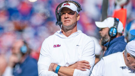 Ole Miss Rebels coach Lane Kiffin looks on against the Florida Gators