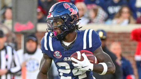 Rebels running back Ulysses Bentley IV (24) runs the ball against Mississippi State