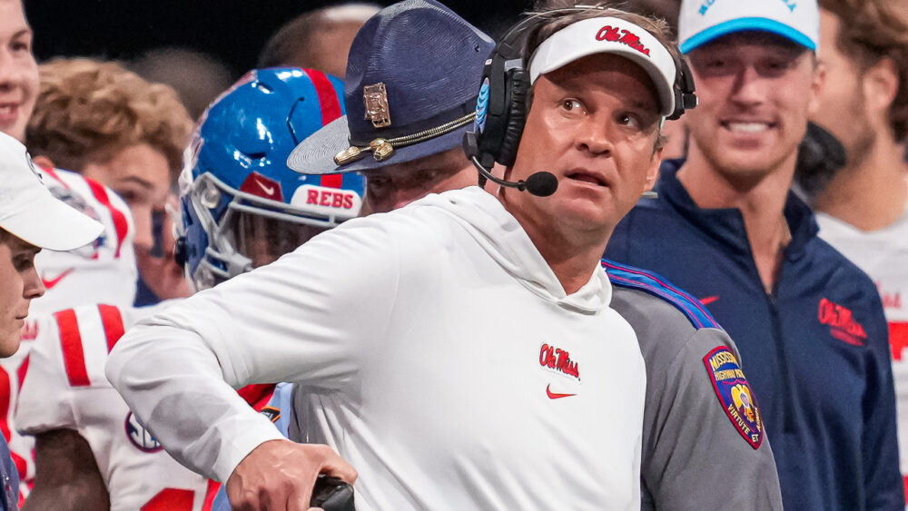 Rebels coach Lane Kiffin shown at the end of the game against Penn State