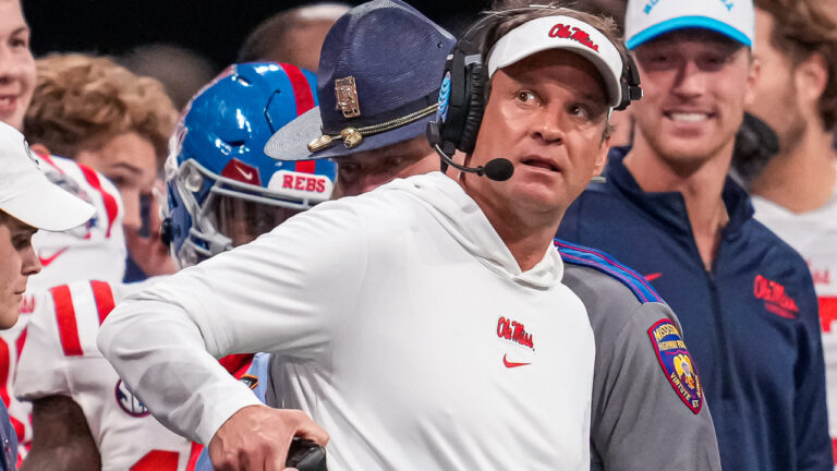 Rebels coach Lane Kiffin shown at the end of the game against Penn State