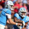 Ole Miss quarterback Jaxson Dart (2) hands the ball off to Ole Miss Rebels running back Quinshon Judkins (4) during the second half against Texas A&M