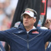 Ole Miss Rebels coach Lane Kiffin reacts to a call int he first quarter against the Arkansas Razorbacks