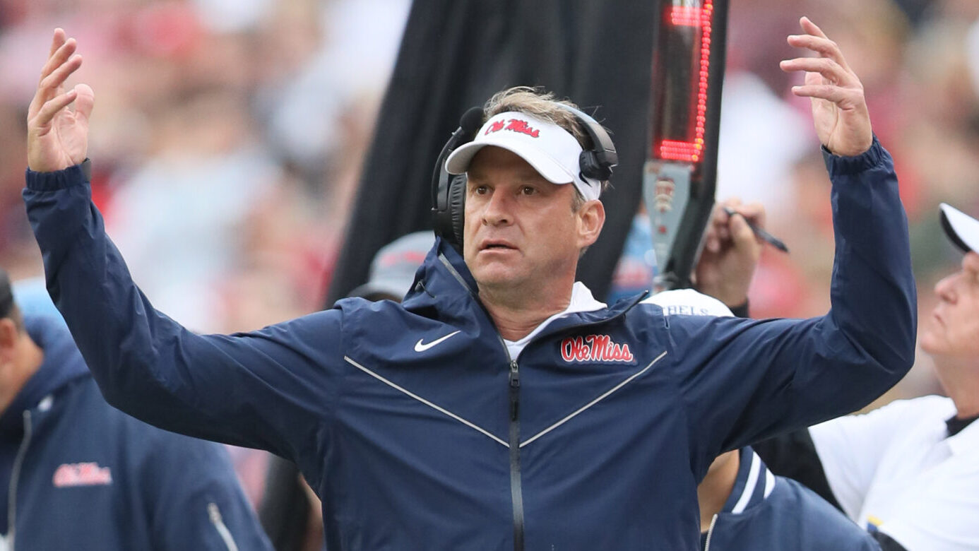 Ole Miss Rebels coach Lane Kiffin reacts to a call int he first quarter against the Arkansas Razorbacks