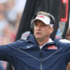 Ole Miss Rebels coach Lane Kiffin reacts to a call int he first quarter against the Arkansas Razorbacks