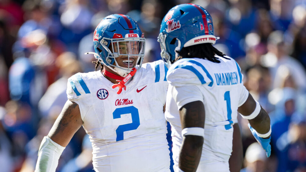 Rebels defensive tackle Walter Nolen (2) and defensive end Princely Umanmielen (1) celebrate a sack against Florida