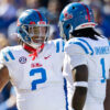 Rebels defensive tackle Walter Nolen (2) and defensive end Princely Umanmielen (1) celebrate a sack against Florida