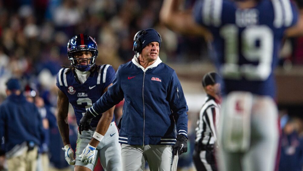 Ole Miss coach Lane Kiffin yells during the Egg Bowl game against Mississippi State