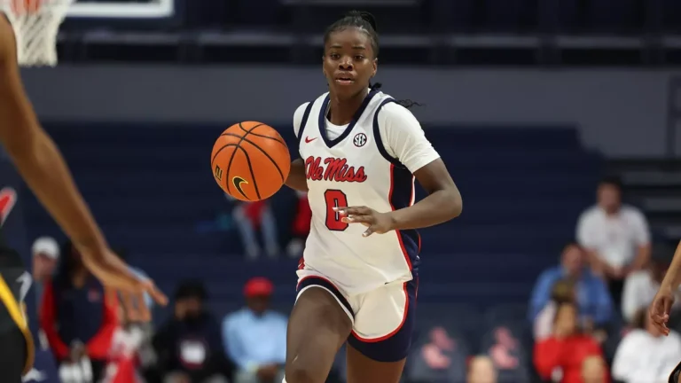 Ole Miss' Sira Thineous brings the ball upcourt against UAPB