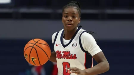 Ole Miss' Sira Thineous brings the ball upcourt against UAPB