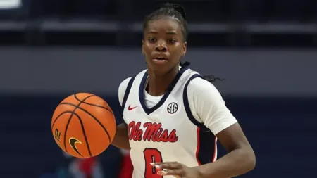 Ole Miss' Sira Thineous brings the ball upcourt against UAPB