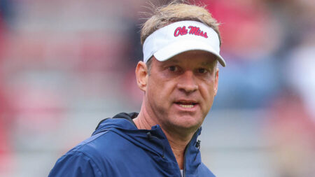 Ole Miss Rebels coach Lane Kiffin prior to the game against the Arkansas Razorbacks