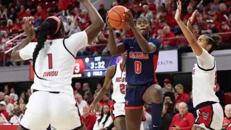 Ole Miss Rebels guard Sira Thienou puts up a shot against the North Carolina Wolfpack in the SEC/ACC Challenge