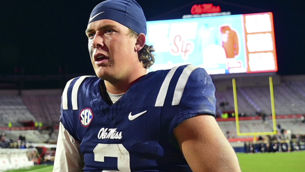 Ole Miss Rebels quarterback Jaxson Dart (2) reacts after the game against the Mississippi State Bulldogs