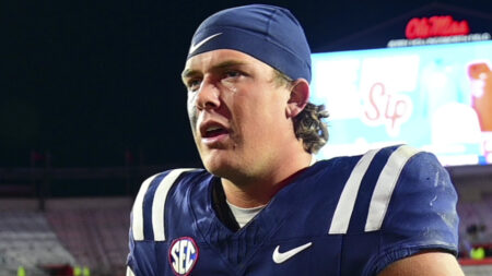 Ole Miss Rebels quarterback Jaxson Dart (2) reacts after the game against the Mississippi State Bulldogs